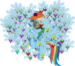 Size: 756x661 | Tagged: safe, artist:herrmyrddin, rainbow dash, parasprite, pegasus, pony, g4, swarm of the century, goggles, simple background, swarm, transparent background, vector