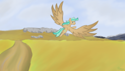 Size: 2460x1400 | Tagged: safe, artist:dyonys, oc, oc:teal drop, pegasus, pony, colored wings, flying, male, mountain, sketch, stallion, underhoof