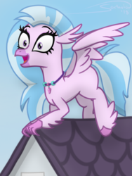 Size: 750x1000 | Tagged: safe, artist:soctavia, silverstream, classical hippogriff, hippogriff, g4, school daze, diastreamies, excited, female, happy, house, jewelry, necklace, roof, solo