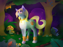 Size: 2000x1487 | Tagged: safe, artist:fuzzypones, fluttershy, oc, oc:furio flameheart, rabbit, snake, g4, blushing, colored, crystal, forest, male, mushrooms, shading, solo, tree