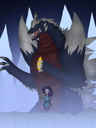Size: 2535x3376 | Tagged: safe, artist:pyrus-leonidas, part of a set, rarity, kaiju, equestria girls, g4, clothes, crossover, godzilla (series), high res, size difference, spacegodzilla, xenilla