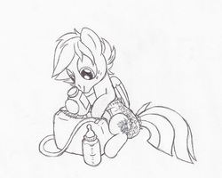 Size: 1000x800 | Tagged: safe, artist:datspaniard, oc, oc only, oc:stormy dash, pony, bag, diaper, diaper bag, foal bottle, foal powder, monochrome, non-baby in diaper, solo