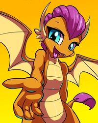 Size: 2110x2644 | Tagged: safe, artist:gsphere, smolder, dragon, g4, school daze, cute, dragoness, female, gradient background, high res, looking at you, open mouth, outstretched arm, simple background, smiling, smolderbetes, solo, tongue out