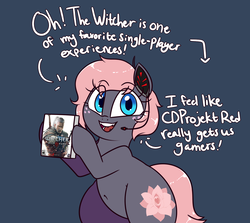 Size: 1400x1250 | Tagged: safe, artist:notenoughapples, oc, oc only, oc:vedalia rose, earth pony, pony, ask, belly button, bipedal, blue background, dialogue, female, freckles, headset, looking at you, mare, simple background, solo, the witcher 3, tumblr, video game, wide hips