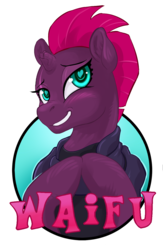 Size: 825x1265 | Tagged: safe, artist:halley-valentine, artist:hobbes-maxwell, tempest shadow, pony, unicorn, my little pony: the movie, broken horn, female, heart eyes, mare, smiling, solo, waifu, waifu badge, wingding eyes