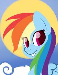 Size: 529x684 | Tagged: safe, artist:cutiepatootiee, rainbow dash, pegasus, pony, g4, bust, cloud, female, looking at you, mare, smiling, solo, sun