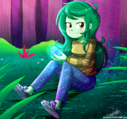 Size: 1871x1742 | Tagged: safe, artist:the-butch-x, wallflower blush, equestria girls, equestria girls series, forgotten friendship, g4, clothes, cute, female, forest, freckles, frown, jeans, memory stone, pants, shoes, sitting, solo, sweater, unamused