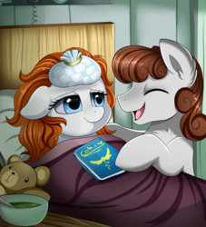 Size: 2177x2400 | Tagged: safe, artist:pridark, oc, oc only, oc:dreamer, oc:sky chase, earth pony, pegasus, pony, bed, caring for the sick, comics, cute, food, high res, hospital, hospital bed, sick, soup, teddy bear