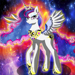 Size: 1300x1300 | Tagged: safe, artist:debastador, artist:yordisz, princess celestia, princess luna, oc, oc only, oc:lunestia, alicorn, pony, fanfic:vegeta el nuevo habitante de equestria, g4, alicorn oc, colored wings, crossover, dragon ball, dragon ball z, ear piercing, earring, ethereal mane, fanfic, fusion, fusion:lunestia, fusion:princess celestia, fusion:princess luna, goddess, horn, jewelry, mane of fire, piercing, potara, raised hoof, solo, space, wings