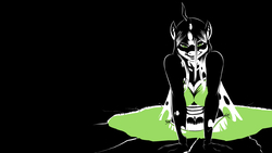 Size: 1920x1080 | Tagged: safe, artist:amaraburrger, edit, queen chrysalis, changeling, changeling queen, anthro, g4, female, partial color, solo, wallpaper, wallpaper edit