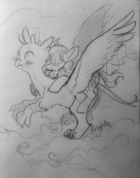 Size: 1009x1280 | Tagged: safe, artist:theorderofalisikus, gallus, sandbar, earth pony, griffon, pony, g4, school daze, black and white, gay, glomp, grayscale, interspecies, male, monochrome, ship:gallbar, shipping, surprised, traditional art