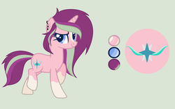 Size: 2398x1507 | Tagged: safe, artist:princessunicorn123, oc, oc only, oc:starry spell, pony, unicorn, base used, coat markings, cutie mark, ear piercing, earring, female, green background, jewelry, mare, offspring, parent:starlight glimmer, parent:sunburst, parents:starburst, piercing, reference sheet, simple background, socks (coat markings), solo