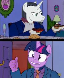 Size: 620x747 | Tagged: safe, chancellor neighsay, twilight sparkle, g4, school daze, 22 short films about springfield, burger, food, hamburger, male, steamed hams, steamed hams in the comments, superintendent chalmers, the simpsons
