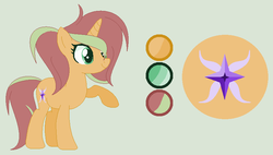 Size: 799x455 | Tagged: safe, artist:princessunicorn123, oc, oc only, oc:sunny rose, pony, unicorn, base used, cutie mark, female, green background, hair over one eye, mare, offspring, parent:sunset shimmer, parent:timber spruce, parents:timbershimmer, reference sheet, simple background, solo