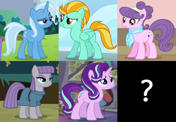 Size: 2202x1536 | Tagged: safe, edit, edited screencap, screencap, lightning dust, maud pie, starlight glimmer, suri polomare, trixie, earth pony, pegasus, pony, unicorn, g4, maud pie (episode), no second prances, rarity takes manehattan, the crystalling, wonderbolts academy, alternate mane six, cropped, female, mare, question mark, redeemer, reformed