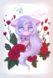 Size: 670x992 | Tagged: safe, artist:mopyr, oc, oc only, oc:anessa, pony, blood, bust, crown, crying, flower, jewelry, portrait, regalia, rose, solo, text