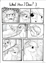 Size: 2550x3506 | Tagged: safe, artist:lupiarts, oc, oc only, oc:chess, oc:sally, comic:what have i done, black and white, comic, dramatic, female, filly, foal, grayscale, high res, monochrome, sad, screaming, sleeping, sobbing, speech bubble, sweat, traditional art, waking nightmares, waking up