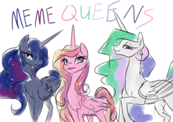 Size: 1770x1253 | Tagged: safe, artist:candasaurus, princess cadance, princess celestia, princess luna, alicorn, pony, g4, ethereal mane, female, looking at you, mare, simple background, smiling, trio, white background