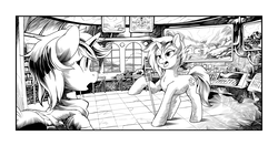 Size: 2550x1350 | Tagged: safe, artist:halley-valentine, oc, oc:blackjack, oc:homage, oc:littlepip, oc:morning glory (project horizons), pony, unicorn, fallout equestria, fallout equestria illustrated, chest fluff, clothes, cloud, cloudy, cutie mark, ear fluff, easter egg (media), fanfic, fanfic art, female, fluffy, hooves, horn, jumpsuit, manehattan, mare, microphone, monitor, monochrome, open mouth, ruins, screen, talking, teeth, tenpony tower, vault suit, wasteland, window