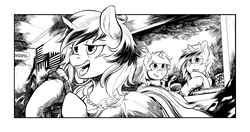 Size: 2550x1350 | Tagged: safe, artist:halley-valentine, oc, oc:homage, oc:littlepip, oc:velvet remedy, pony, unicorn, fallout equestria, fallout equestria illustrated, black and white, blushing, clothes, dress, ear fluff, fanfic, fanfic art, female, grayscale, hoof hold, hooves, horn, jumpsuit, mare, microphone, monochrome, open mouth, pipbuck, recording studio, singing, teeth, tenpony tower, vault suit