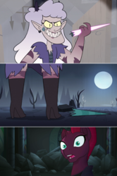 Size: 1365x2051 | Tagged: safe, edited screencap, screencap, tempest shadow, demon, pony, unicorn, g4, my little pony: the movie, broken horn, comic, horn, meteora butterfly, monster, screencap comic, shocked, shocked expression, spoilers for another series, star vs the forces of evil