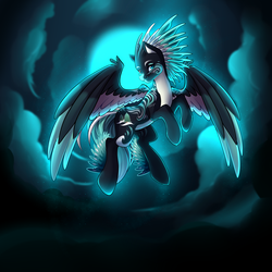 Size: 3333x3333 | Tagged: safe, artist:airiniblock, oc, oc only, oc:alpine apotheon, pegasus, pony, rcf community, colored wings, colored wingtips, feathered mane, female, flying, high res, looking at you, mare, moon, night, night sky, sky, smiling, solo, ych result