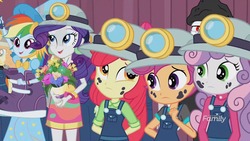 Size: 1280x720 | Tagged: safe, screencap, apple bloom, bulk biceps, pinkie pie, rainbow dash, rarity, scootaloo, sweetie belle, equestria girls, g4, happily ever after party, my little pony equestria girls: better together, bouquet, bouquet of flowers, clothes, costume, cutie mark crusaders, dress, fairy bootmother, female, flower, headlamp, helmet, mining helmet, school play, siblings, sisters, stage, theater