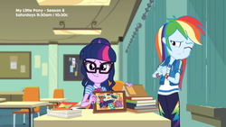 Size: 1920x1080 | Tagged: safe, screencap, rainbow dash, sci-twi, twilight sparkle, equestria girls, g4, my little pony equestria girls: better together, the last day of school, adorkable, chair, cute, dork, female, geode of super speed, geode of telekinesis, looking at you, magical geodes, table
