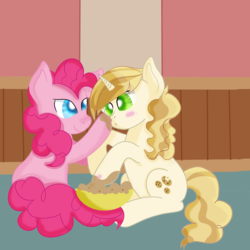 Size: 4000x4000 | Tagged: safe, artist:rainbowtashie, pinkie pie, sweet biscuit, earth pony, pony, unicorn, g4, adorabiscuit, baking, best friends, boop, cake mix, cookie dough, cookie pie, cute, female, lesbian, mare, meme, messy, otp, pink biscuit, shipping, simple background, solo, sugarcube corner, sweetbiscuit