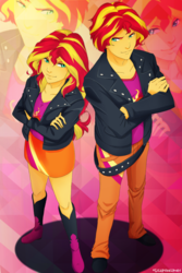 Size: 1024x1536 | Tagged: safe, artist:lilapudelpony, sunset shimmer, equestria girls, g4, binary shimmer, binary sunset, boots, clothes, equestria guys, half r63 shipping, jacket, leather jacket, legs, male, miniskirt, rule 63, self paradox, shipping, shoes, skirt, sunglare, sunset glare
