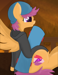 Size: 2550x3300 | Tagged: safe, artist:skyflys, scootaloo, g4, clothes, cute, female, high res, older, older scootaloo, sitting, skateboard, solo, spread wings, wings