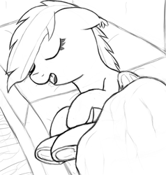 Size: 1028x1078 | Tagged: safe, artist:nuxersopus, bat pony, pony, blanket, couch, monochrome, sleeping, solo