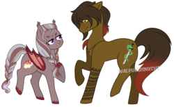 Size: 1024x632 | Tagged: safe, artist:t-aroutachiikun, oc, oc:strawberry shortcake, bat pony, earth pony, pony, braid, female, male, mare, ookurikara, ponified, simple background, stallion, transparent background