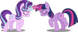 Size: 15478x6466 | Tagged: safe, artist:decprincess, starlight glimmer, twilight sparkle, alicorn, pony, unicorn, g4, school daze, absurd resolution, crossed horns, duo, duo female, eyes closed, female, glowing horn, horn, horns are touching, magic, simple background, transparent background, twilight sparkle (alicorn), vector