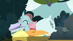 Size: 1280x720 | Tagged: safe, screencap, ocellus, changedling, changeling, g4, school daze, bed bug, cute, cuteling, diaocelles, eyes closed, female, happy, open mouth, pillow, smiling, solo