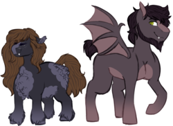 Size: 1024x746 | Tagged: safe, artist:midnight-drip, oc, oc only, oc:midnight, oc:moonstone, bat pony, earth pony, pony, female, fluffy, male, mare, simple background, stallion, white background