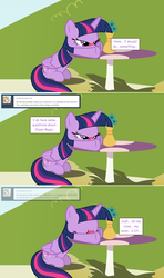 Size: 1280x2168 | Tagged: safe, artist:hakunohamikage, twilight sparkle, alicorn, pony, ask-princesssparkle, g4, ask, blushing, female, sick, solo, table, tumblr, twilight sparkle (alicorn)