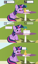 Size: 1280x2168 | Tagged: safe, artist:hakunohamikage, twilight sparkle, alicorn, pony, ask-princesssparkle, g4, ask, blushing, female, sick, solo, table, tumblr, twilight sparkle (alicorn)