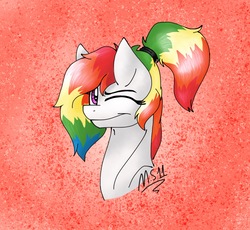 Size: 1543x1419 | Tagged: safe, artist:melonseed11, oc, oc only, earth pony, pony, abstract background, bust, female, mare, one eye closed, ponytail, rainbow hair, signature, solo, wink