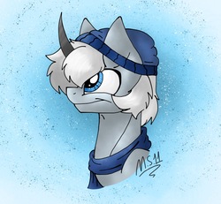 Size: 1488x1376 | Tagged: safe, artist:melonseed11, oc, oc only, oc:blue ribbon, pony, unicorn, beanie, bust, clothes, hat, male, portrait, scarf, solo, stallion