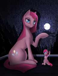 Size: 2464x3216 | Tagged: safe, artist:dezdark, pinkie pie, g4, high res, looking at you, moon, pinkamena diane pie, puppet