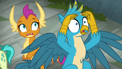 Size: 1280x720 | Tagged: safe, screencap, gallus, sandbar, smolder, dragon, griffon, pony, g4, school daze, chest fluff, cutie mark, fangs, female, male, offscreen character, open mouth, spread wings, wings