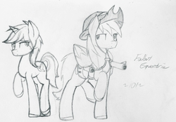 Size: 2661x1851 | Tagged: safe, artist:fanliterature101, oc, oc:calamity, oc:velvet remedy, pegasus, pony, unicorn, fallout equestria, battle saddle, black and white, cutie mark, dashite, fanfic, fanfic art, female, grayscale, gun, hat, hooves, horn, male, mare, monochrome, rifle, simple background, stallion, traditional art, weapon, white background, wings