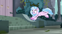 Size: 1920x1080 | Tagged: safe, screencap, silverstream, classical hippogriff, hippogriff, g4, school daze, castle of the royal pony sisters, cute, diastreamies, excited, eyes on the prize, female, flying, grin, jewelry, necklace, pointing, smiling, solo, spread wings, squee, stairs, that hippogriff sure does love stairs, wide eyes, wings