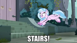 Size: 1920x1080 | Tagged: safe, edit, edited screencap, screencap, silverstream, classical hippogriff, hippogriff, g4, school daze, castle of the royal pony sisters, cute, diastreamies, excited, jewelry, necklace, pointing, solo, stairs, that hippogriff sure does love stairs