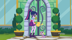 Size: 2208x1242 | Tagged: safe, screencap, sci-twi, spike, spike the regular dog, twilight sparkle, dog, equestria girls, equestria girls series, g4, my little shop of horrors, apron, boots, celestia's house, clothes, glasses, gloves, lidded eyes, plants, ponytail, raised leg, shoes, skirt, watering can