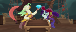 Size: 1920x804 | Tagged: safe, screencap, captain celaeno, rarity, parrot, parrot pirates, pony, unicorn, anthro, g4, my little pony: the movie, anthro with ponies, chest, feather, gem, hat, pirate, pirate hat, time to be awesome, treasure chest