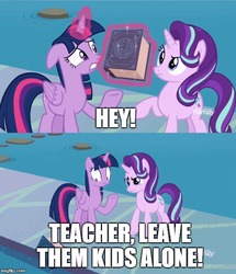 Size: 500x581 | Tagged: safe, edit, edited screencap, screencap, starlight glimmer, twilight sparkle, alicorn, pony, g4, school daze, book, book abuse, caption, discovery family logo, eea rulebook, image macro, impact font, pink floyd, song reference, the wall, thug, twilight sparkle (alicorn)