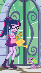 Size: 1242x2208 | Tagged: safe, screencap, sci-twi, spike, spike the regular dog, twilight sparkle, dog, equestria girls, equestria girls series, g4, my little shop of horrors, apron, boots, celestia's house, clothes, cute, eyes closed, glasses, gloves, open mouth, ponytail, raised leg, shoes, twiabetes, watering can