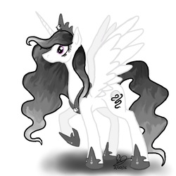 Size: 1250x1250 | Tagged: safe, alternate version, oc, oc:princess yin, alicorn, pony, armor, black and white, concept art, crown, flowing mane, grayscale, horn, horse shoes, jewelry, monochrome, necklace, princess, regalia, ruler, solo, wings, yin, yin-yang
